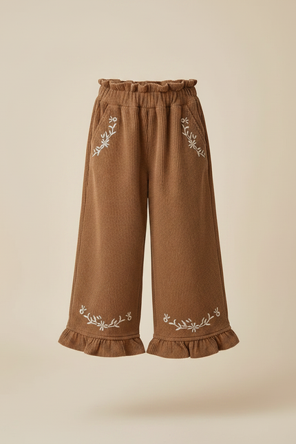 Pantalon À Pince Côtelé Marron Brodé Ample Enfant - Cordé - vue 3