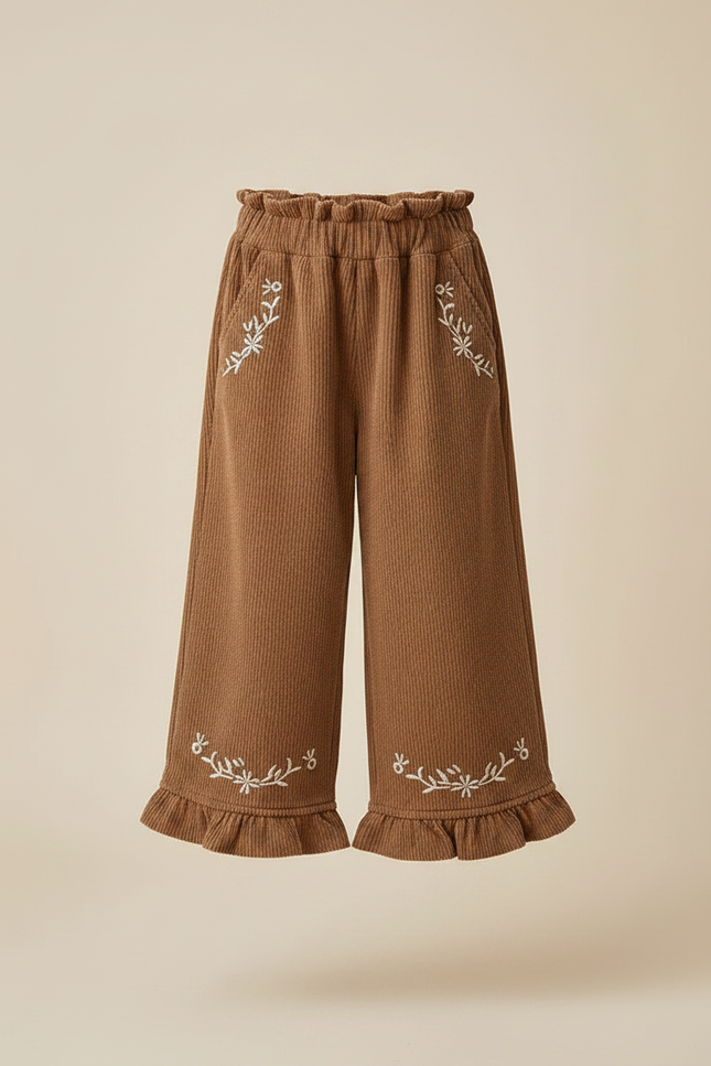 Pantalon À Pince Côtelé Marron Brodé Ample Enfant - Cordé - vue 3