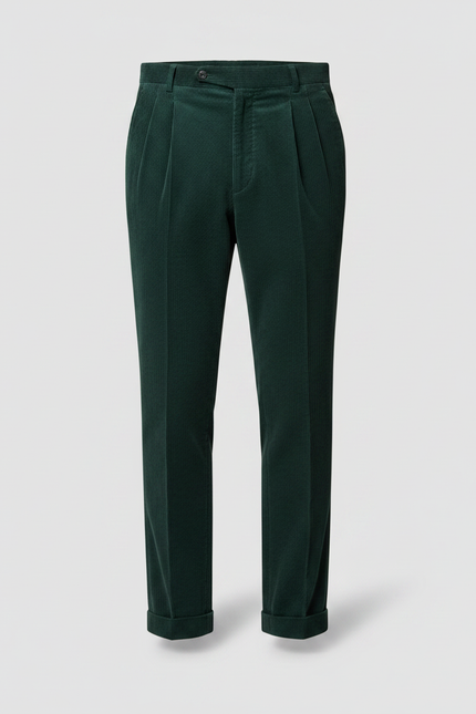Pantalon À Pince Vert Côtelé Plissé Homme Élégant - Cordé - vue 3