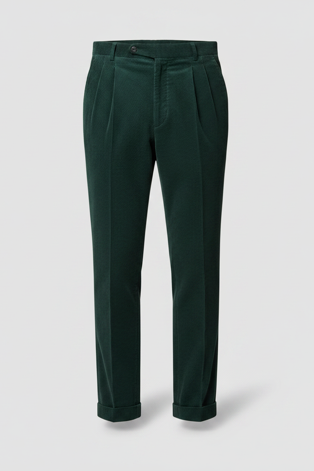 Pantalon À Pince Vert Côtelé Plissé Homme Élégant - Cordé - vue 3