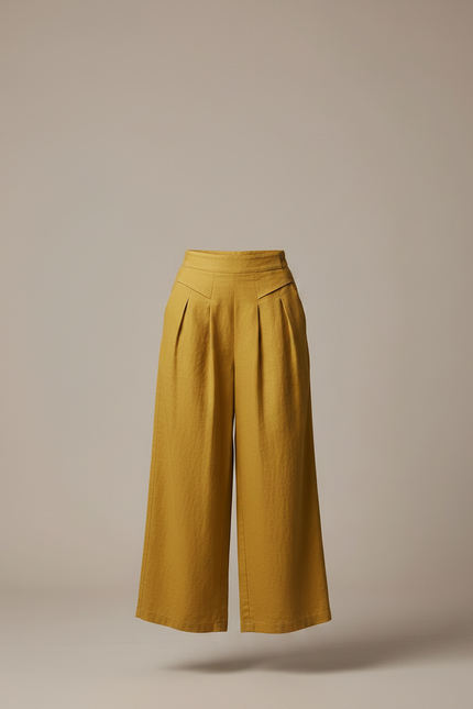 Pantalon À Pince Jaune Moutarde Ample Plissé Fluide Femme - Lin - vue 3