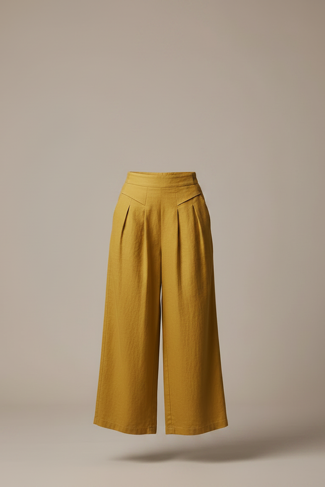 Pantalon À Pince Jaune Moutarde Ample Plissé Fluide Femme - Lin - vue 3