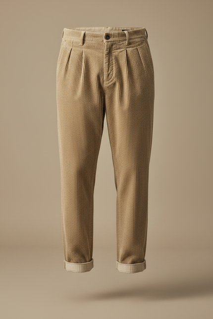 Pantalon À Pince Beige Côtelé Plissé Décontracté Homme - Cordé - vue 3