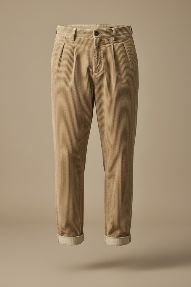Pantalon À Pince Beige Côtelé Plissé Décontracté Homme - Cordé - vue 3