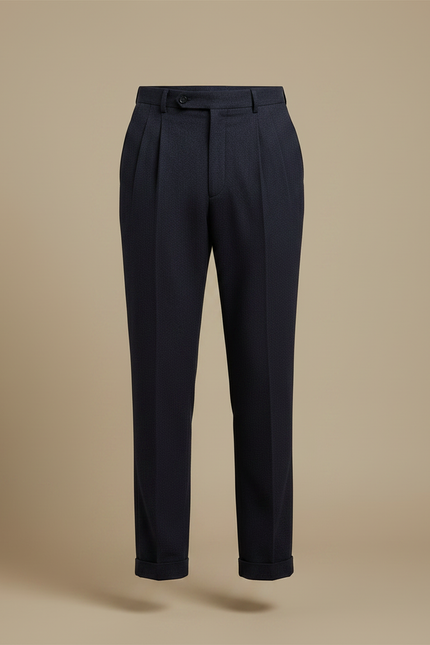 Pantalon À Pince Bleu Marine Plissé Droit Élégant - Laine - vue 3