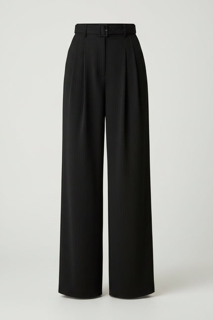 Pantalon À Pince Noir Plissé Ample Ceinturé Élégant - Polyester - vue 3