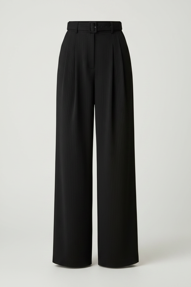 Pantalon À Pince Noir Plissé Ample Ceinturé Élégant - Polyester - vue 3