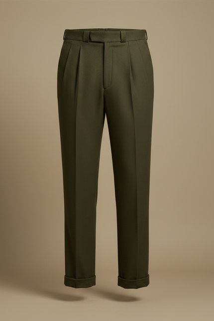 Pantalon À Pince Vert Olive Ample Plissé Homme Chic - Laine - vue 3