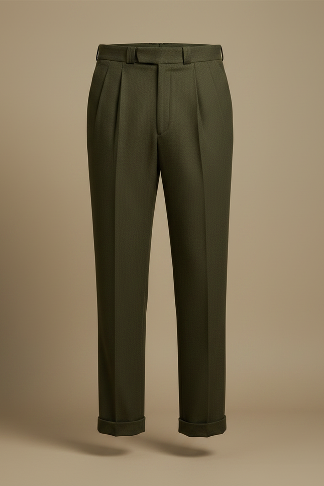 Pantalon À Pince Vert Olive Ample Plissé Homme Chic - Laine - vue 3