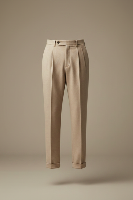 Pantalon À Pince Beige Laine Plissé Droit Homme - vue 3