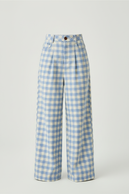 Pantalon À Pince Carreaux Bleus Ample Taille Haute - Imprimé Molleton - vue 3