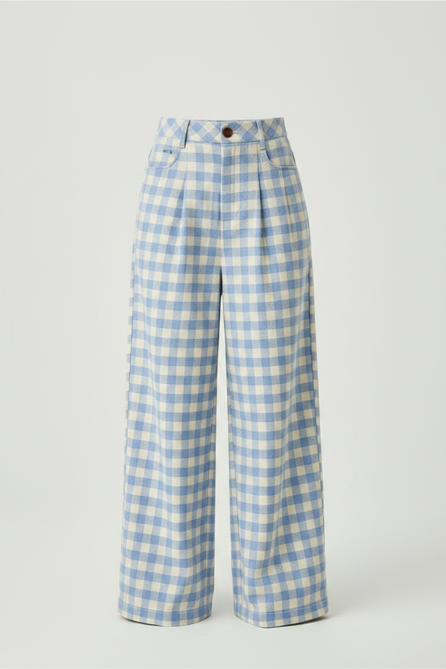Pantalon À Pince Carreaux Bleus Ample Taille Haute - Imprimé Molleton - vue 3