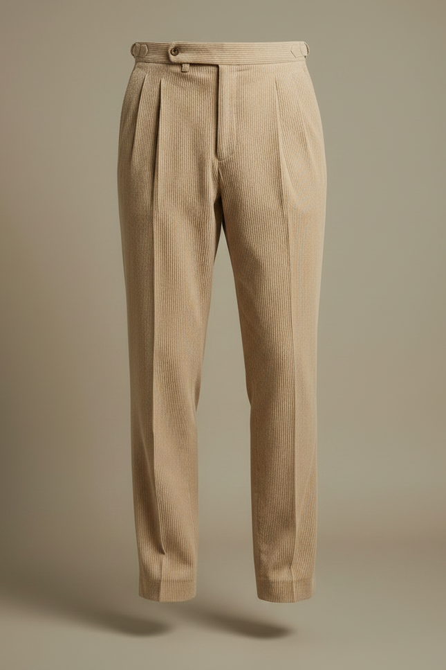 Pantalon À Pince Beige Côtelé Droit Plissé Élégant - Cordé - vue 3