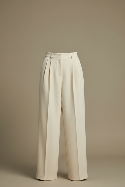 Pantalon À Pince Laine Ample Plissé Écru Élégant - Beige - vue 3
