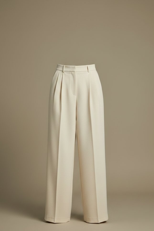 Pantalon À Pince Laine Ample Plissé Écru Élégant - Beige - vue 3