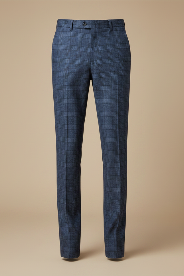Pantalon À Pince Bleu Carreaux Slim Élégant Homme - Laine - vue 3