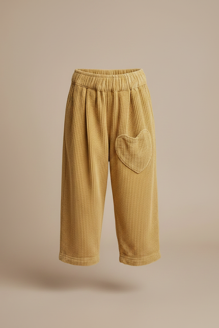 Pantalon À Pince Velours Côtelé Jaune Cœur Fille Décontracté - Cordé - vue 3