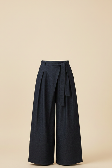 Pantalon À Pince Bleu Marine Fluide Ceinturé Large Femme - Gabardine - vue 3