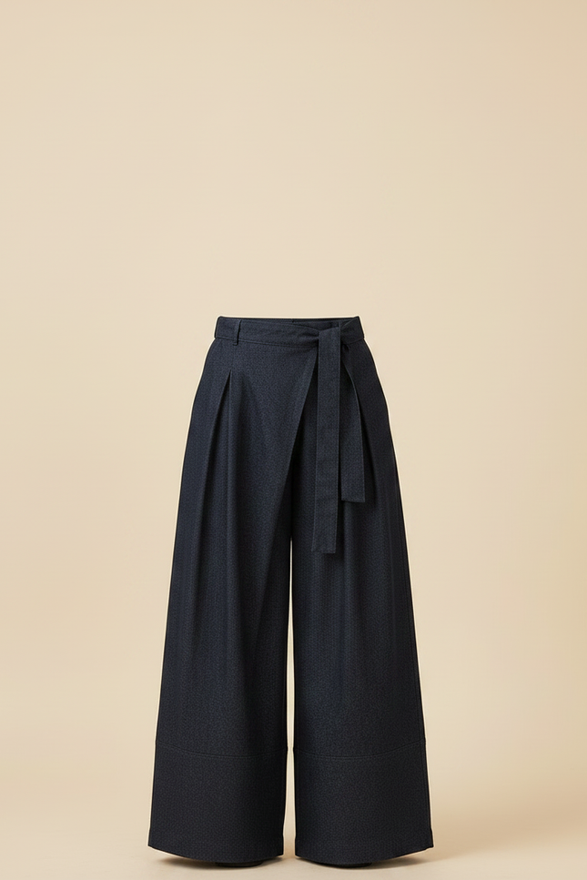 Pantalon À Pince Bleu Marine Fluide Ceinturé Large Femme - Gabardine - vue 3