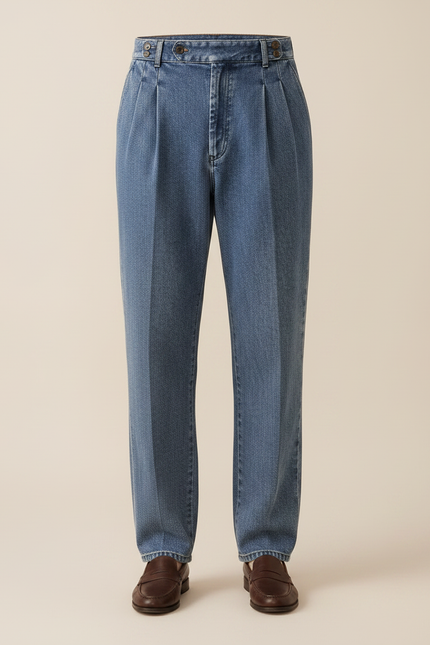 Pantalon À Pince Bleu Denim Plissé Taille Haute Décontracté - Jean - vue 3
