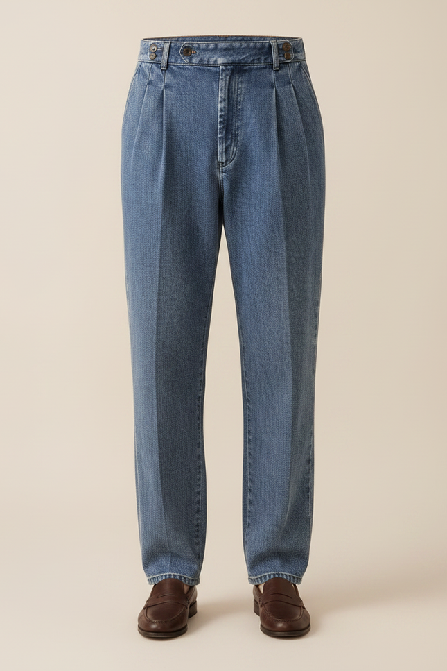 Pantalon À Pince Bleu Denim Plissé Taille Haute Décontracté - Jean - vue 3
