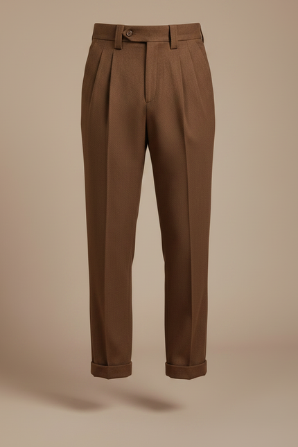 Pantalon À Pince Marron Laine Plissé Droit Homme - vue 3
