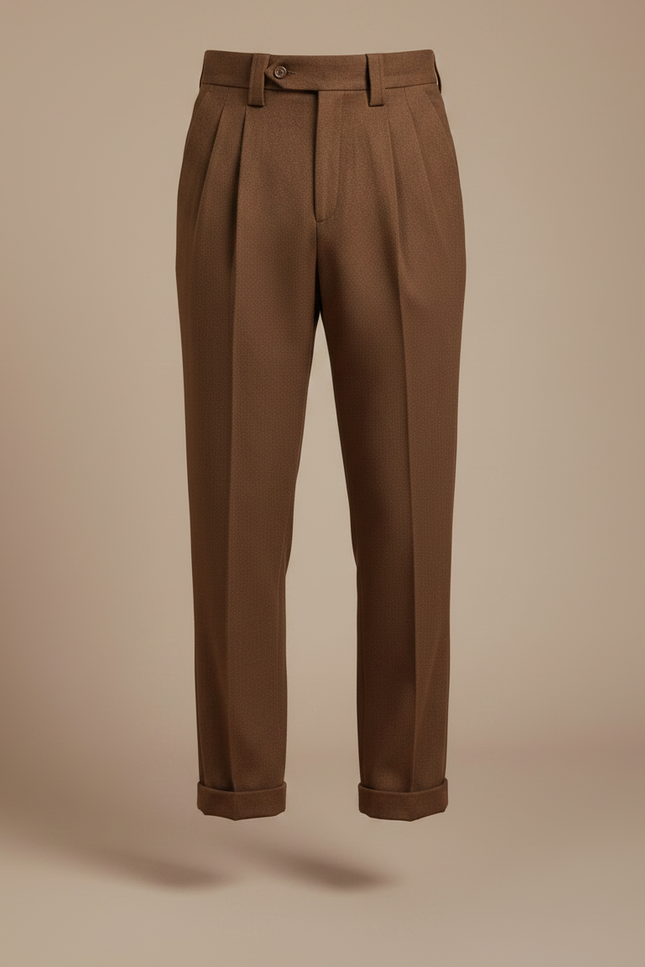 Pantalon À Pince Marron Laine Plissé Droit Homme - vue 3
