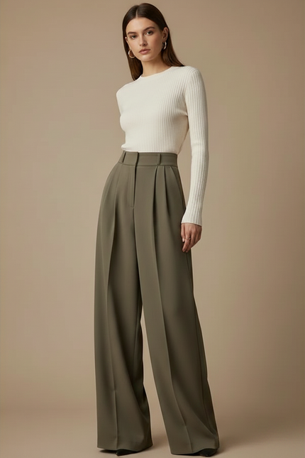 Pantalon À Pince Kaki Plissé Ample Taille Haute Fluide - Viscose - vue 3