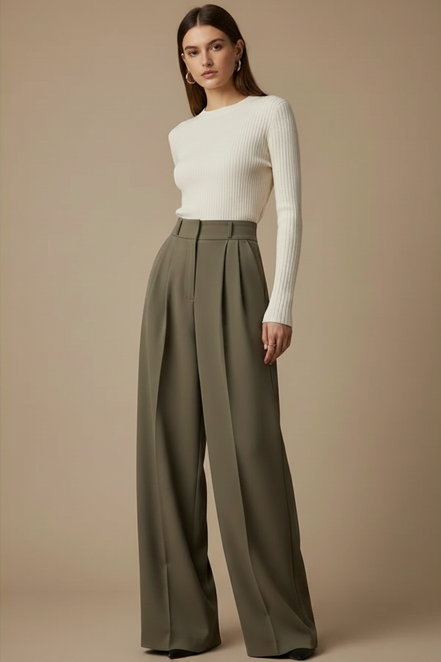 Pantalon À Pince Kaki Plissé Ample Taille Haute Fluide - Viscose - vue 3
