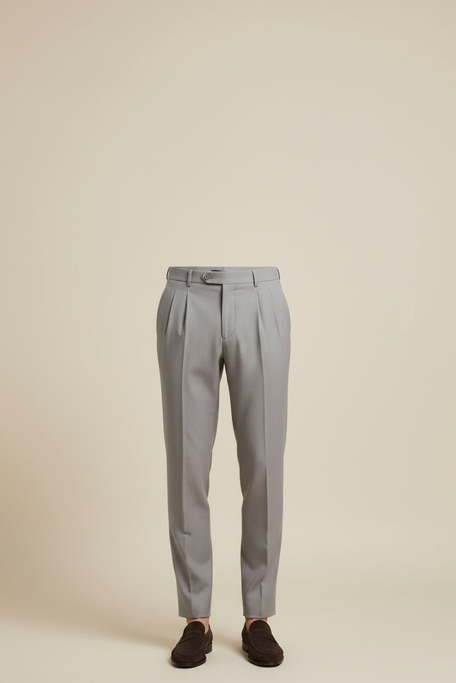 Pantalon À Pince Gris Plissé Coton Droit Élégant Homme - Laine - vue 3