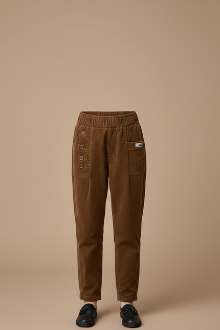 Pantalon À Pince Marron Côtelé Décontracté Boutons Fille - Cordé - vue 3
