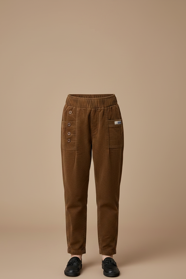 Pantalon À Pince Marron Côtelé Décontracté Boutons Fille - Cordé - vue 3
