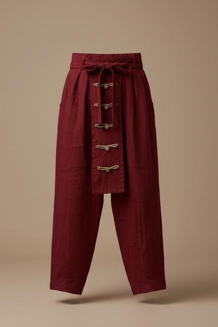 Pantalon À Pince Bordeaux Lin Plissé Décontracté Homme - vue 3