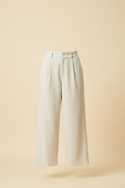 Pantalon À Pince Écru Côtelé Ample Décontracté Fluide - Blanc Cordé - vue 3