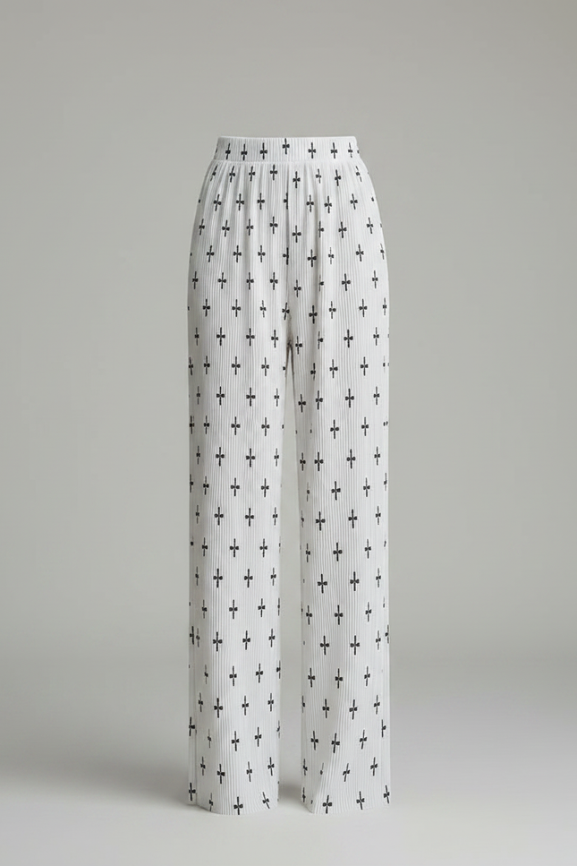 Pantalon À Pince Blanc Plissé Motif Croix Fluide - Polyester - vue 3