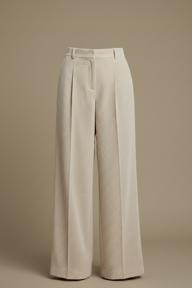 Pantalon À Pince Beige Côtelé Ample Taille Haute - Cordé - vue 3