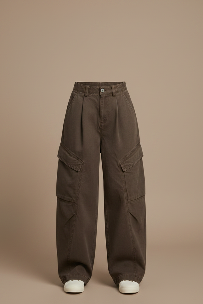 Pantalon À Pince Cargo Marron Ample Confortable Fille - Toile - vue 3