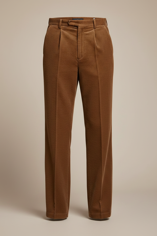Pantalon À Pince Marron Côtelé Plissé Décontracté Homme - Cordé - vue 3