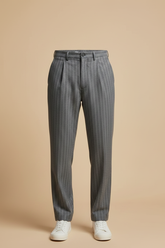Pantalon À Pince Gris Rayé Plissé Décontracté Homme - Laine - vue 3