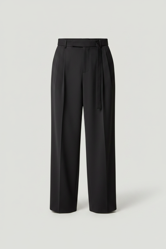 Pantalon À Pince Noir Plissé Ample Ceinturé Élégant Homme - Polyester - vue 3