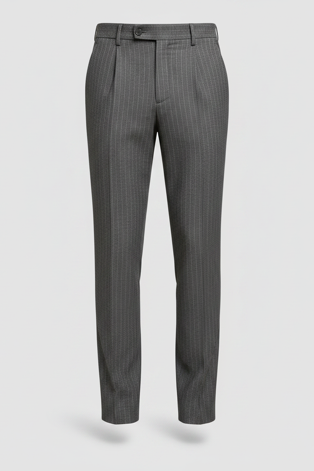 Pantalon À Pince Gris Rayé Slim Élégant Plissé Homme - Gabardine - vue 3