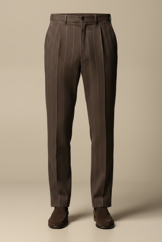 Pantalon À Pince Marron Rayé Laine Plissé Homme - vue 3
