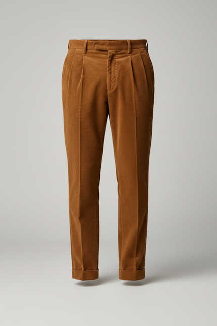 Pantalon À Pince Marron Côtelé Plissé Droit Décontracté Homme - Cordé - vue 3
