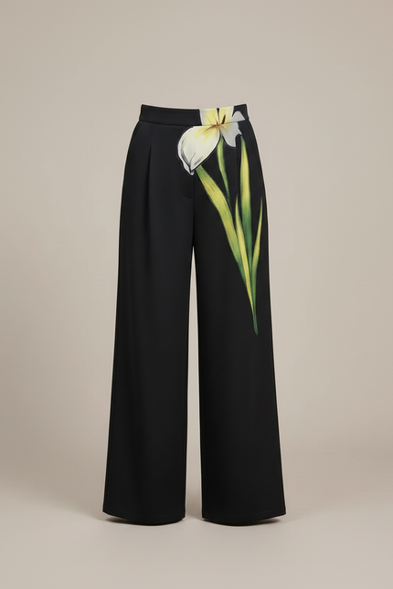 Pantalon À Pince Noir Floral Ample Taille Haute Élégant - Polyester - vue 3