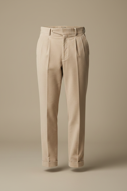 Pantalon À Pince Beige Côtelé Plissé Droit Homme - Cordé - vue 3