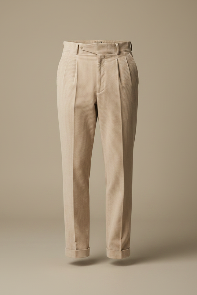 Pantalon À Pince Beige Côtelé Plissé Droit Homme - Cordé - vue 3