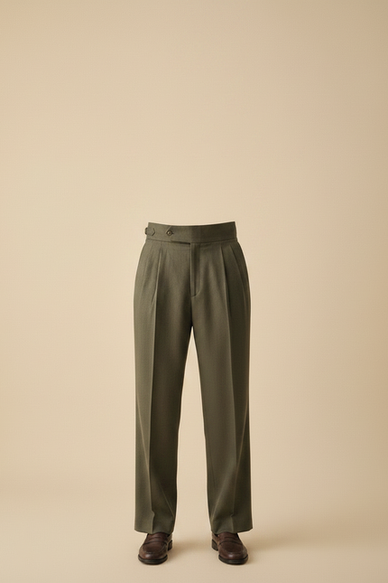 Pantalon À Pince Vert Militaire Ample Plissé Homme - Kaki Gabardine - vue 3