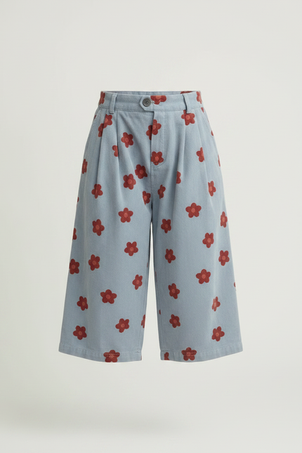 Pantalon À Pince Bleu Ciel Fleurs Rouges Ample - Cordé - vue 3