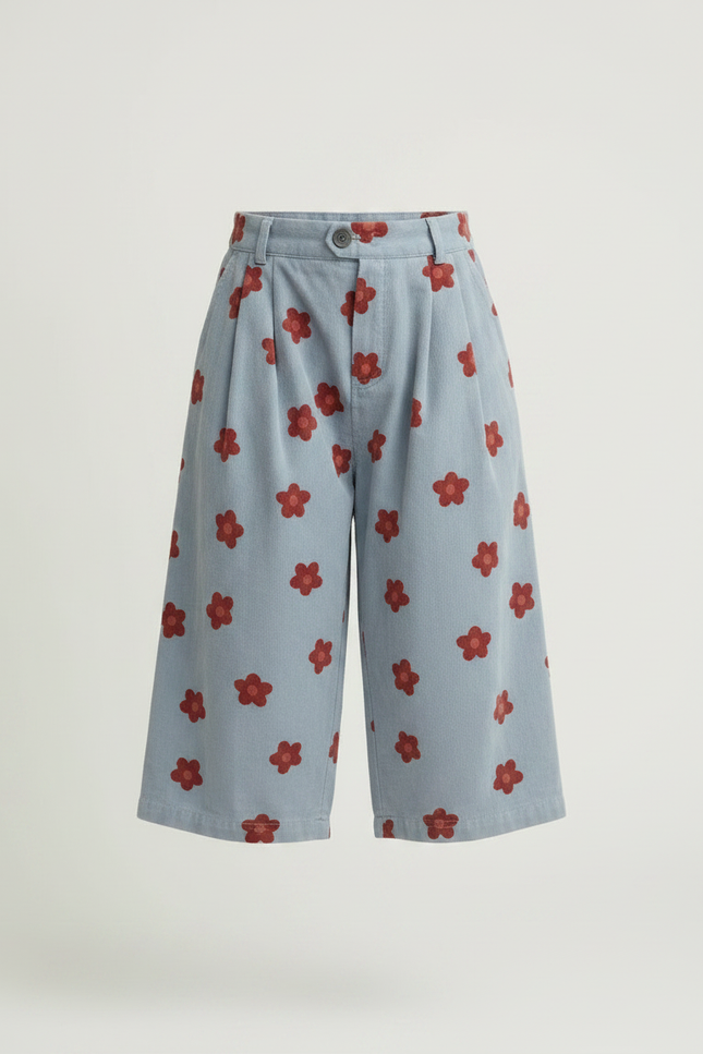 Pantalon À Pince Bleu Ciel Fleurs Rouges Ample - Cordé - vue 3