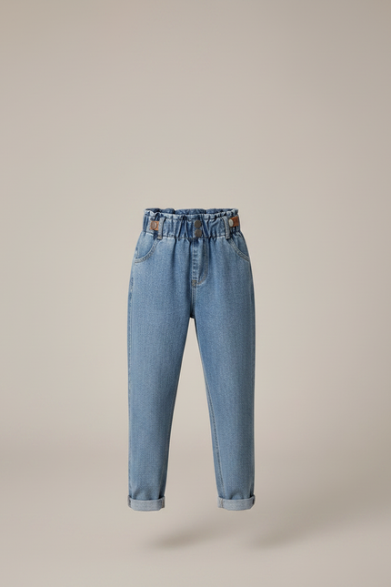 Pantalon À Pince Bleu Denim Taille Haute Fille - Jean - vue 3